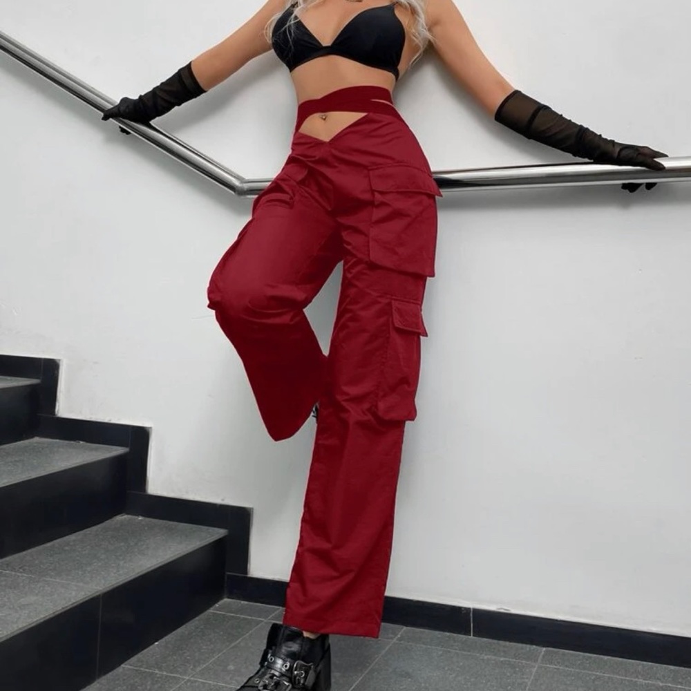 Red parachute jogger cargo pants